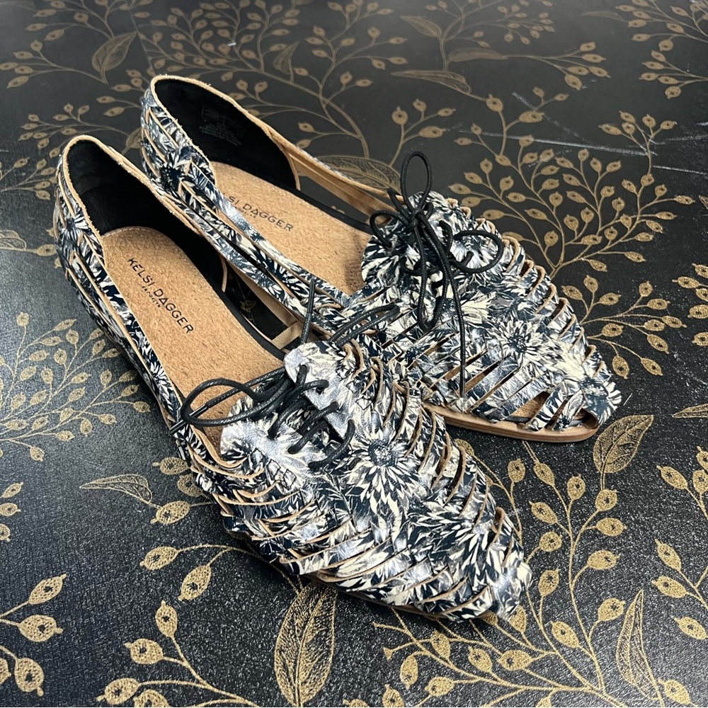 Kelsi Dagger Black & White Woven Lace-Up Flats with Floral Weave